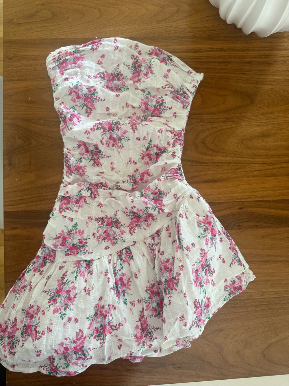 Katie J NYC White Strapless Dress with Pink Floral Print
